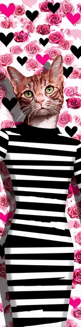 Cat bookmarks design of a cat in a striped dress with hearts background